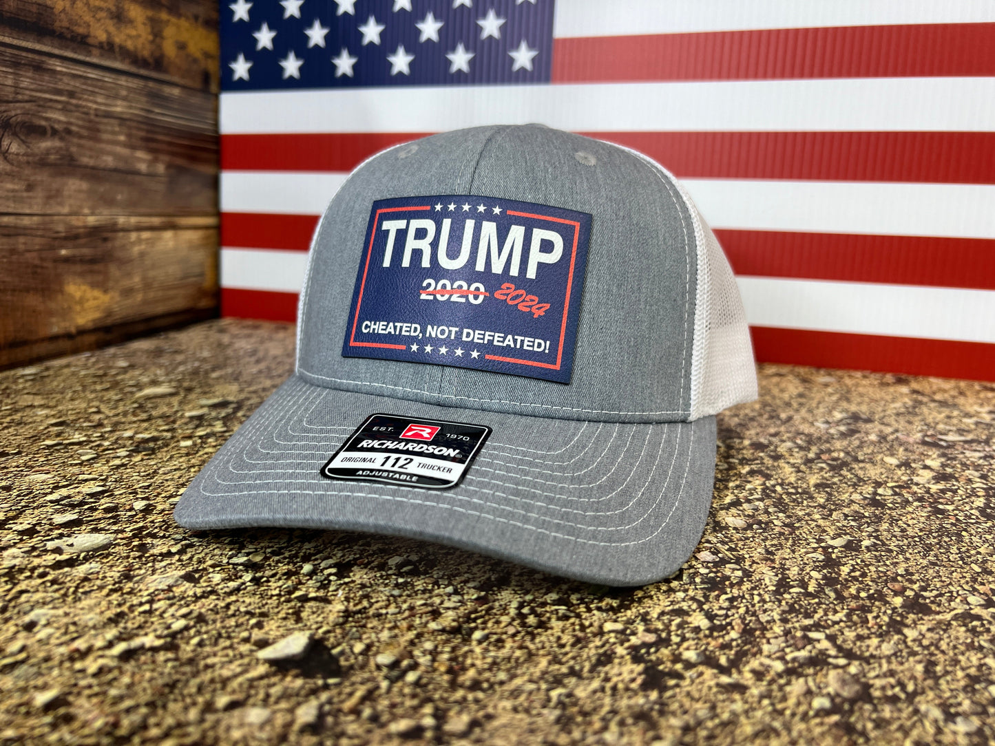 Cheated Not Defeated Trump 2024 Trucker Hat UV Printed or Laser EngravedPremium Leatherette FULL Color Patch on Richardson 112 Trucker Hat