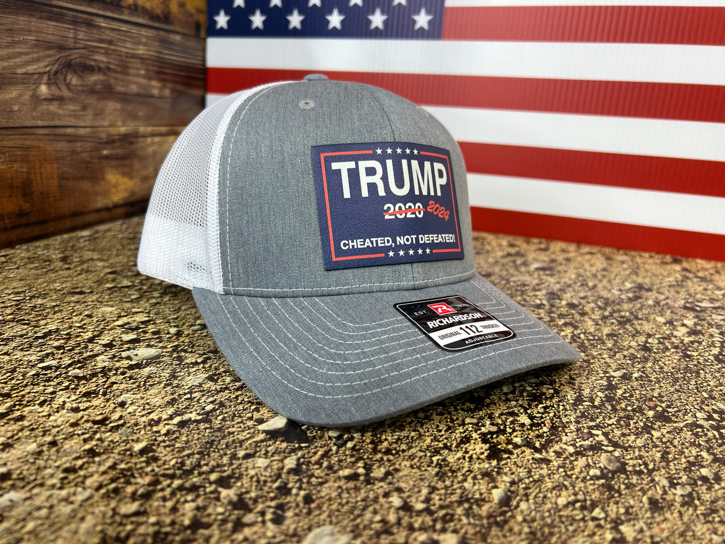 Cheated Not Defeated Trump 2024 Trucker Hat UV Printed or Laser EngravedPremium Leatherette FULL Color Patch on Richardson 112 Trucker Hat
