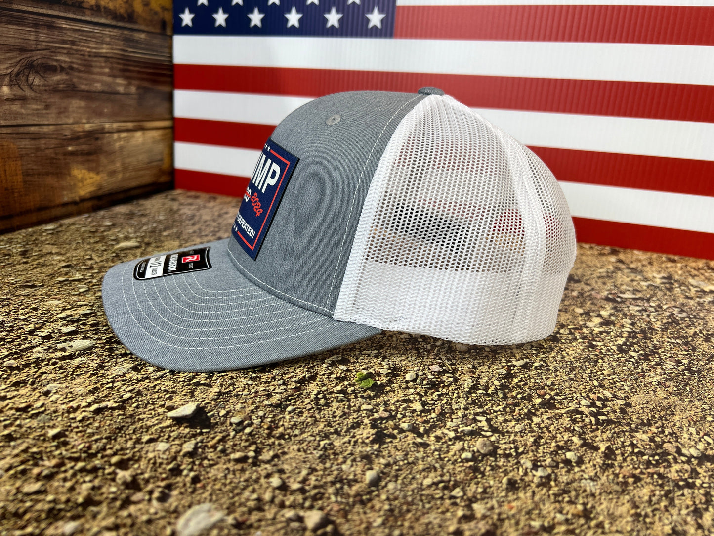 Cheated Not Defeated Trump 2024 Trucker Hat UV Printed or Laser EngravedPremium Leatherette FULL Color Patch on Richardson 112 Trucker Hat