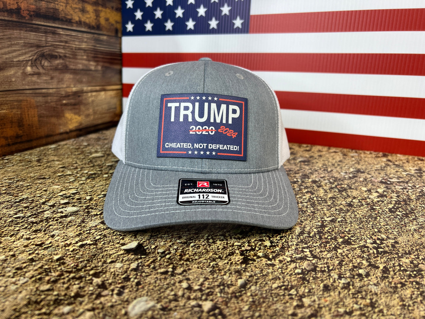Cheated Not Defeated Trump 2024 Trucker Hat UV Printed or Laser EngravedPremium Leatherette FULL Color Patch on Richardson 112 Trucker Hat