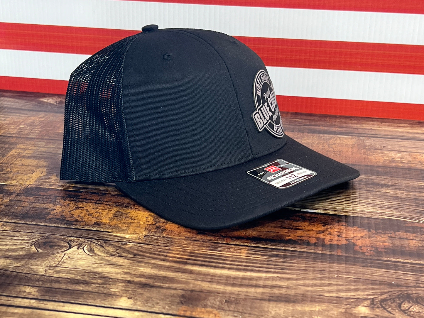 Proud Blue Collar American Hat - Dirty Hands, Clean Money Leatherette Patch on a Richardson 112 Trucker Hat Baseball Cap Summer Winter