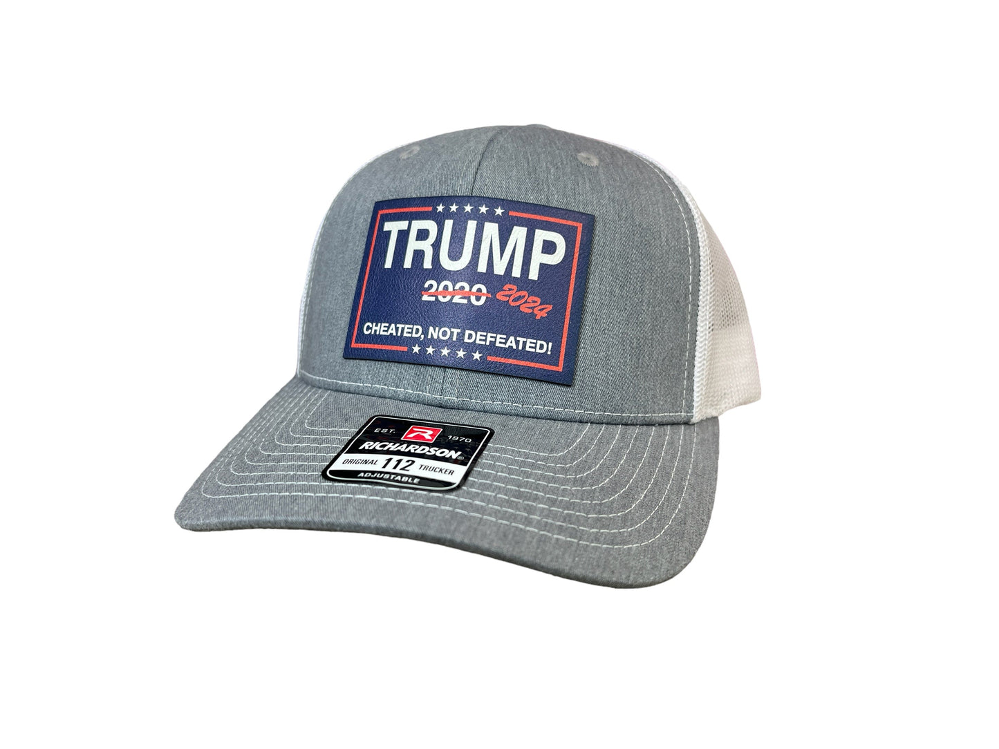 Cheated Not Defeated Trump 2024 Trucker Hat UV Printed or Laser EngravedPremium Leatherette FULL Color Patch on Richardson 112 Trucker Hat