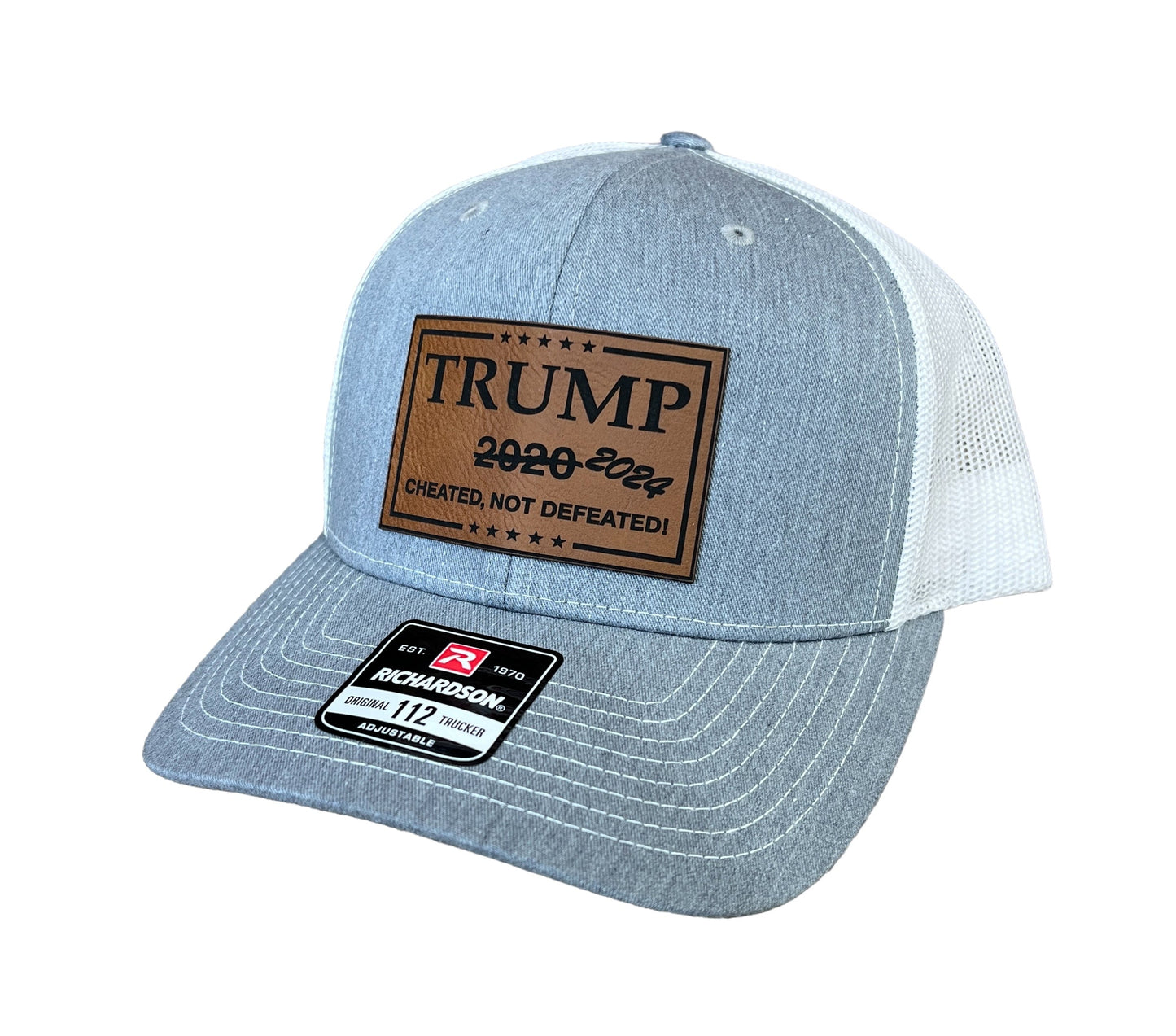 Cheated Not Defeated Trump 2024 Trucker Hat UV Printed or Laser EngravedPremium Leatherette FULL Color Patch on Richardson 112 Trucker Hat