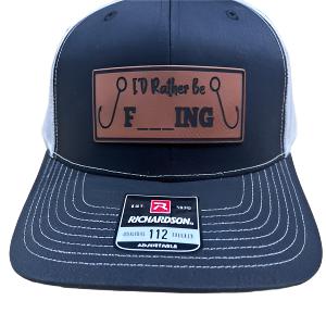 I’d Rather Be Fishing Hat with Engraved Premium Leatherette Patch on Richardson 112 Trucker Hat