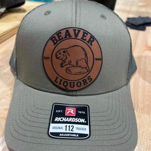 Beaver Liquor Patch Hat with Premium Leatherette Patch on Richardson 112 Trucker Hat