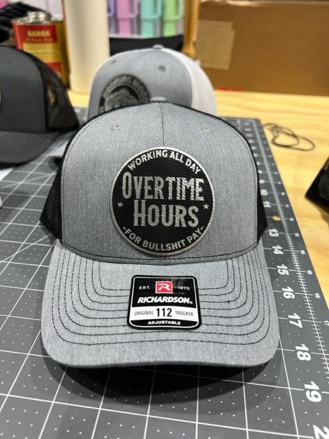 Overtime Hours Hat with Premium Patch on a Richardson 112 Trucker Hat