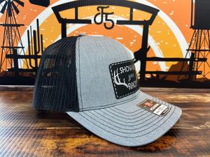 Show Me Your Rack Hat  with Premium Leatherette Patch on a Richardson 112 Trucker Custom Patch Hat