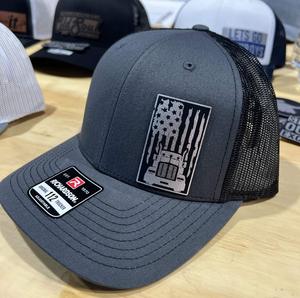 Trucker Leatherette Patch on a Richardson 112 Trucker Hat Baseball Cap Summer Winter / Charcoal/Black Hat with Black/Silver Patch