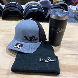 Hat + Beanie + 20oz Tumbler - Only Dads Patch on a Richardson 112 Trucker Hat + Beanie with same patch + 20 oz Polar Camel Tumbler with Only Dads Laser Engraved on the side.