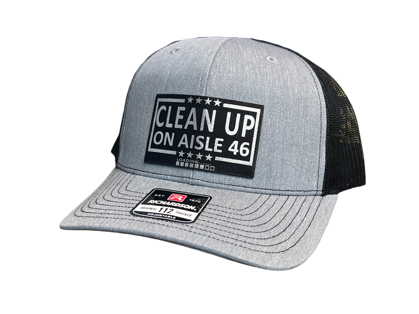 Cleanup On Aisle 46 Hat Premium Leatherette Patch on Richardson 112 Trucker Hat