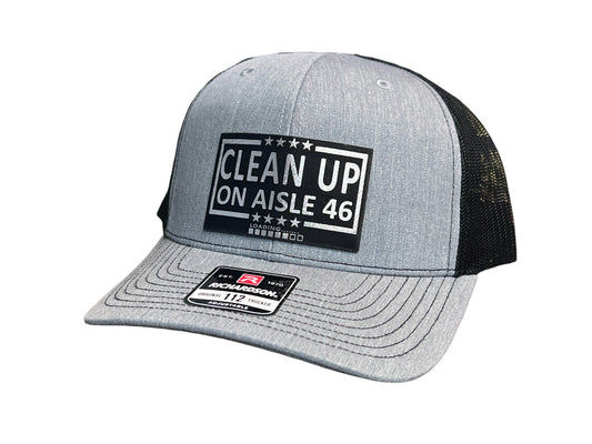 Cleanup On Aisle 46 Hat Premium Leatherette Patch on Richardson 112 Trucker Hat