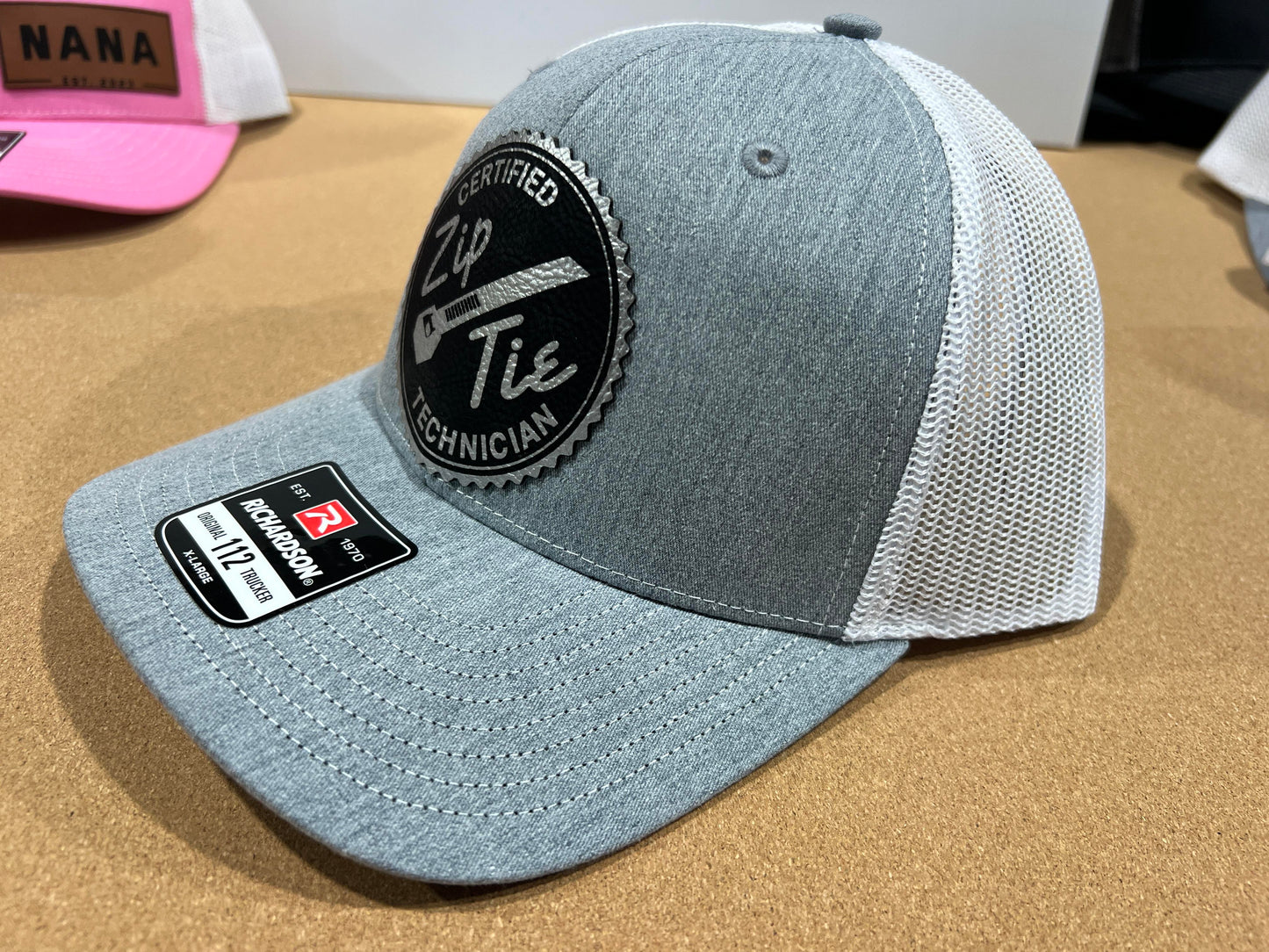 Certified Zip Tie Technician Hat with Leatherette Patch on a Richardson 112 Trucker Hat Baseball Cap Summer Winter