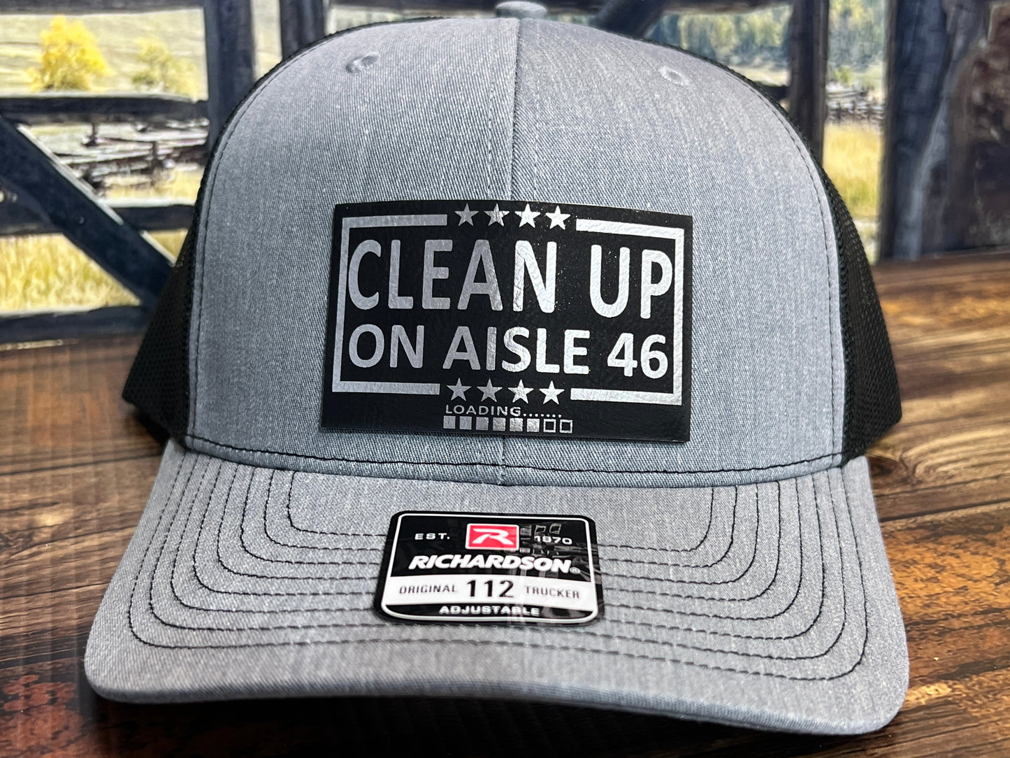 Cleanup On Aisle 46 Hat Premium Leatherette Patch on Richardson 112 Trucker Hat