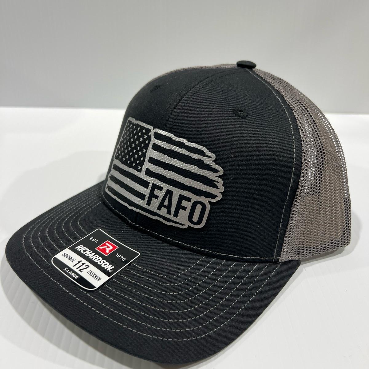 FAFO American Flag Hat Engraved Leatherette Patch on Richardson 112 Trucker Hat