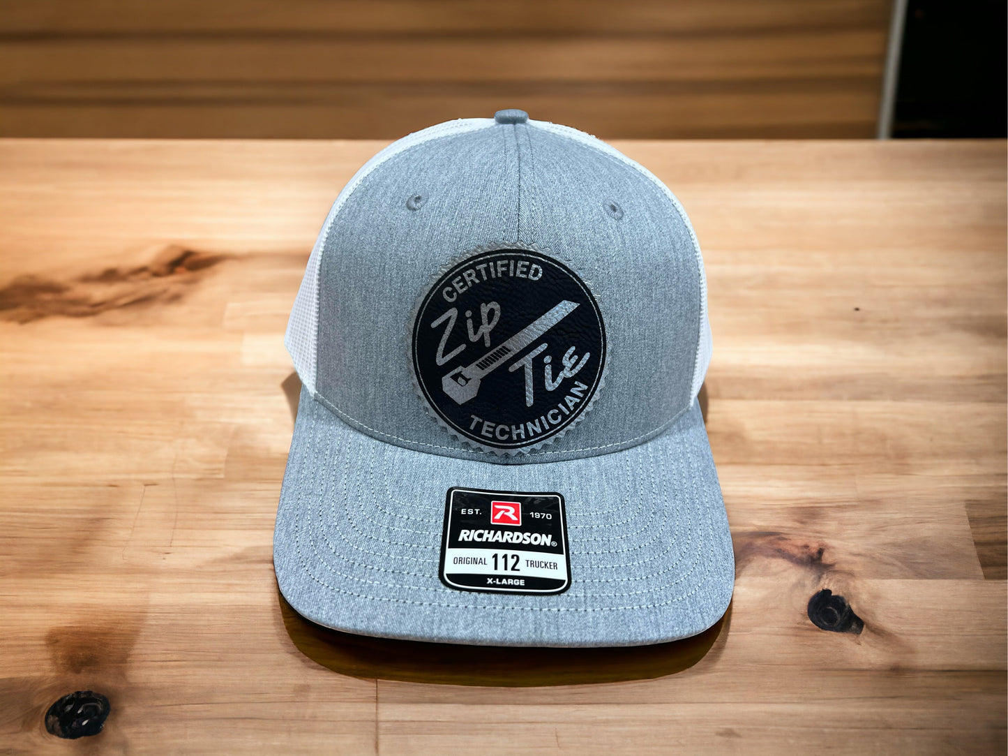 Certified Zip Tie Technician Hat with Leatherette Patch on a Richardson 112 Trucker Hat Baseball Cap Summer Winter