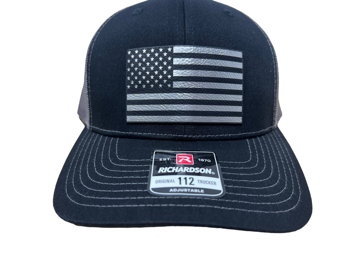 American Flag Hat with Premium Leatherette Patch on a Richardson 112 Trucker Hat.