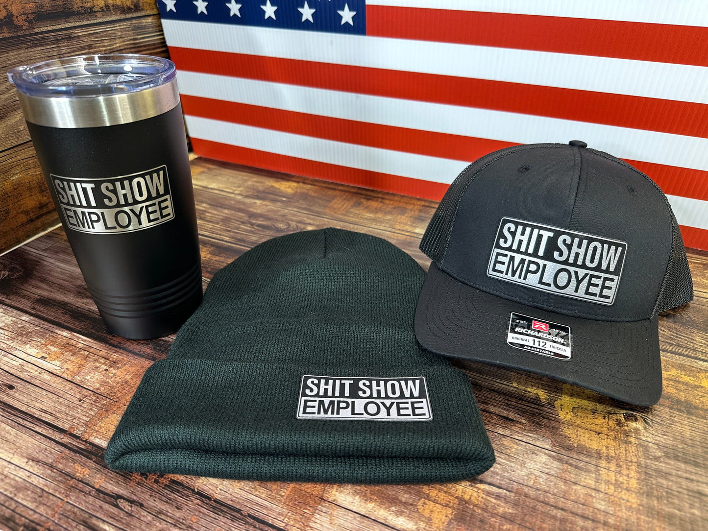 ShitShow Employee Hat + Beanie + 20 oz Tumbler Bundle - Shit Show Employee Design on all 3 Items!