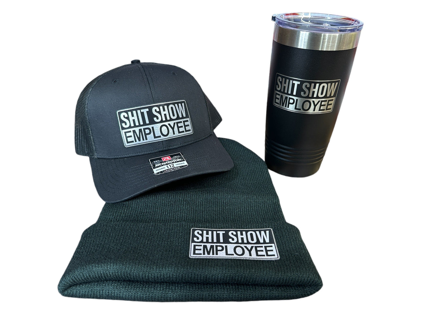 ShitShow Employee Hat + Beanie + 20 oz Tumbler Bundle - Shit Show Employee Design on all 3 Items!