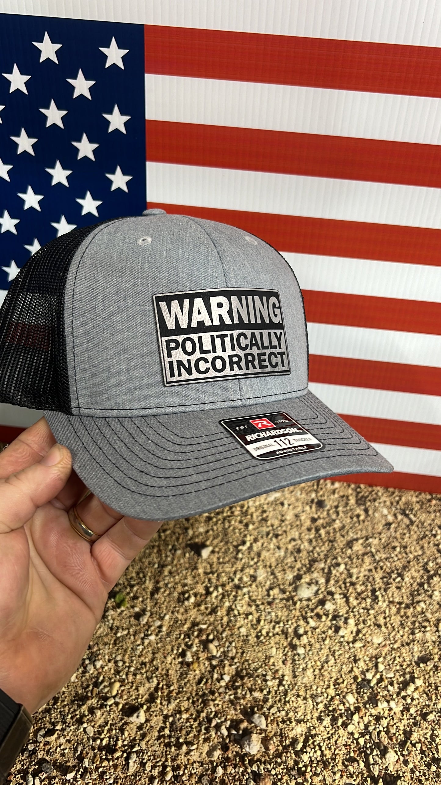 WARNING Politically Incorrect Hat with Laser Engraved Premium Leatherette Patch on a Richardson 112 Trucker Hat.