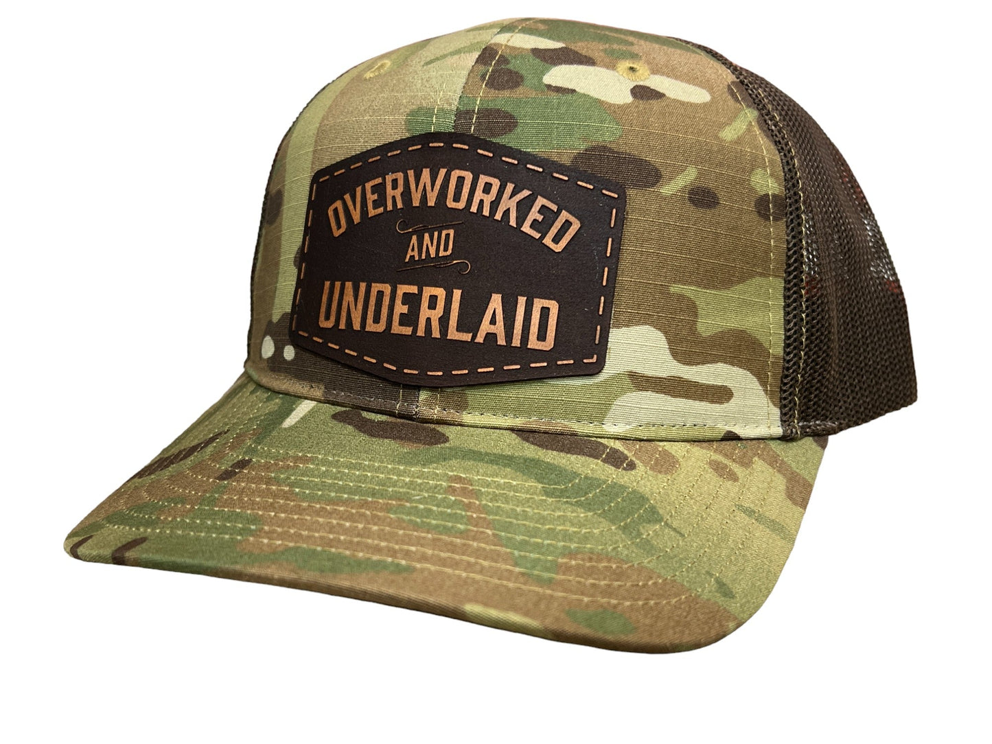 Genuine Leather Overworked Underlaid Hat Laser Engraved Genuine Leather Patch on a Richardson 862 Camo Hat.