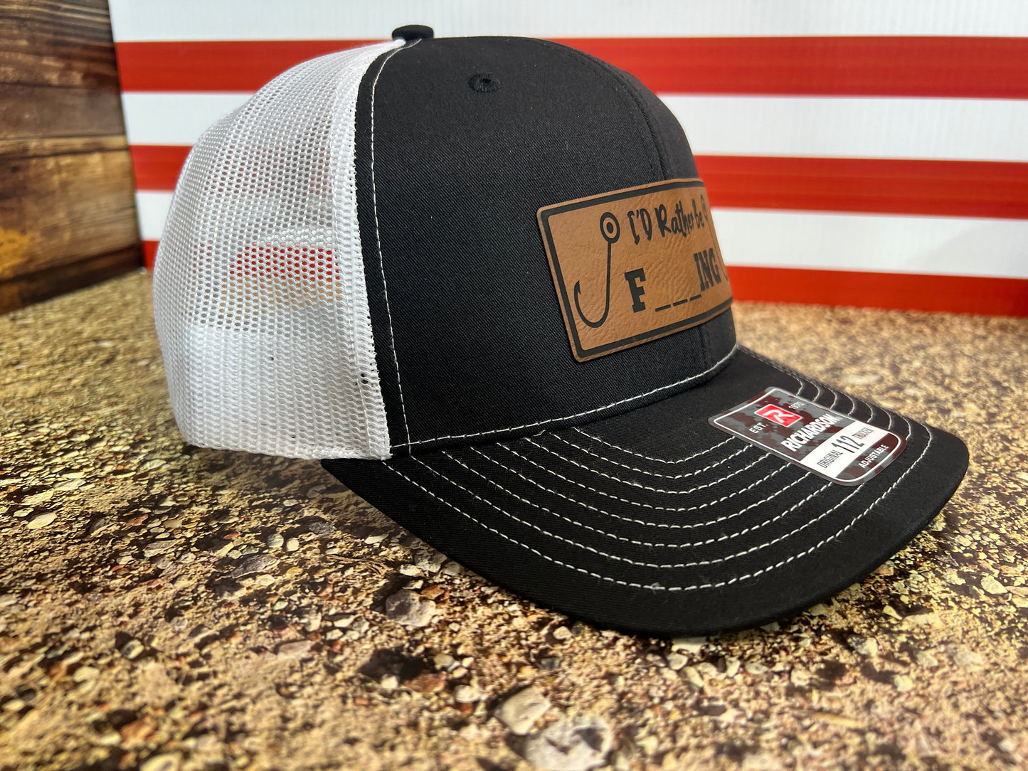 I’d Rather Be Fishing Hat with Engraved Premium Leatherette Patch on Richardson 112 Trucker Hat