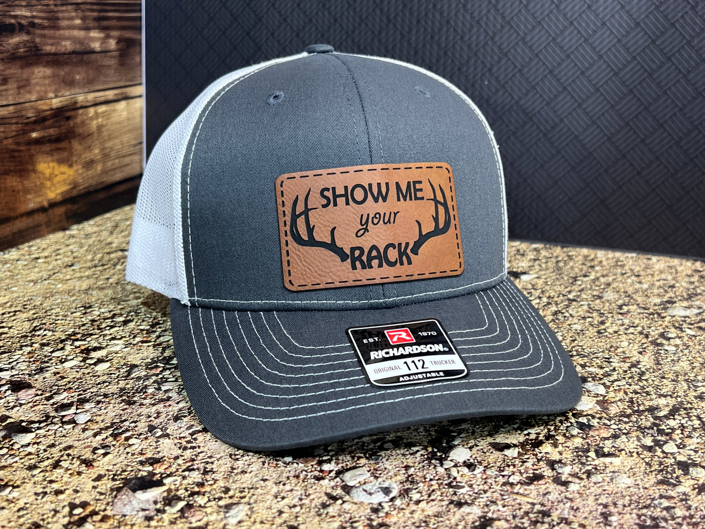 Show Me Your Rack Hat  with Premium Leatherette Patch on a Richardson 112 Trucker Custom Patch Hat