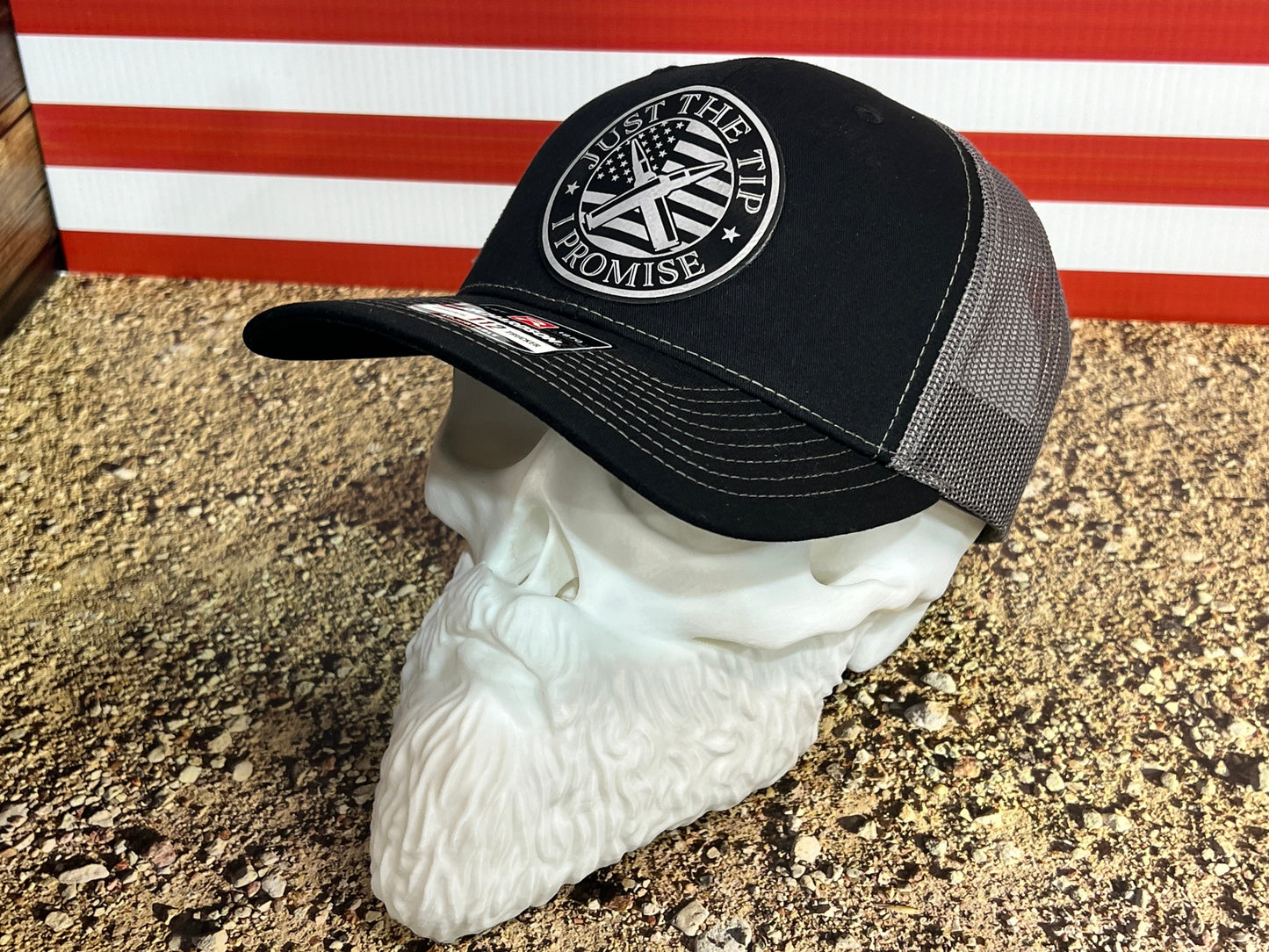 Just the Tip Hat with Premium Leatherette Patch on a Richardson 112 Trucker Hat Second Amendment Hat