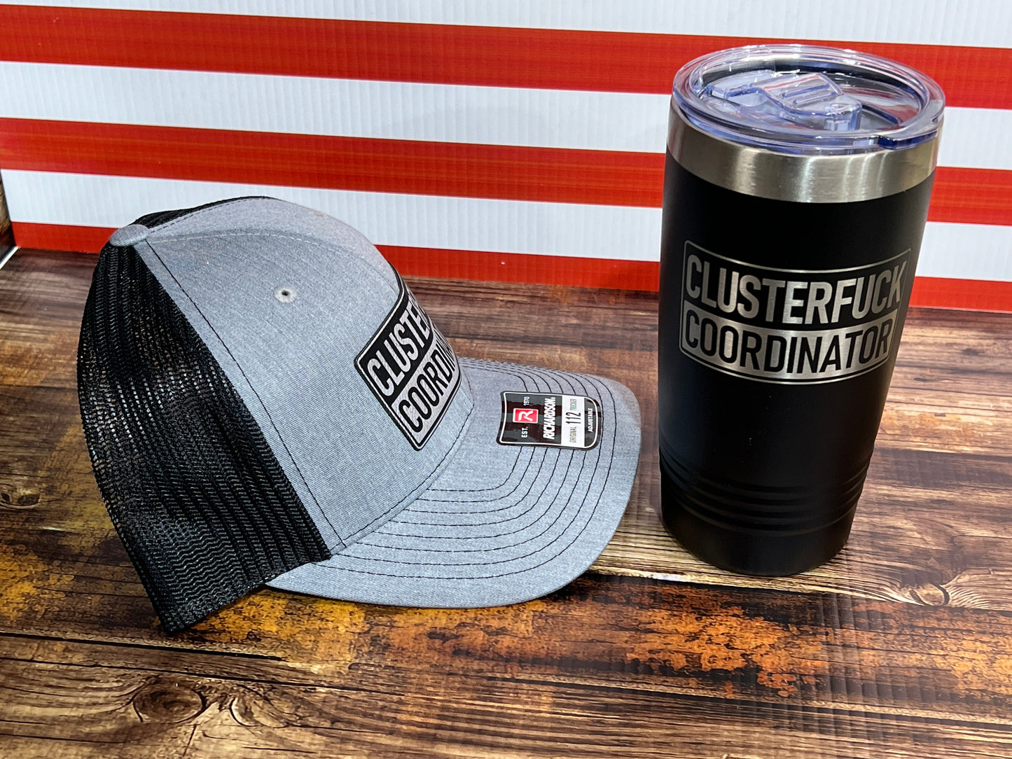 Clusterf*ck Coordinator Hat & Tumbler Combo Premium Leatherette Engraved Patch on a Richardson 112 Trucker Hat & 20 oz Polar Camel Tumbler