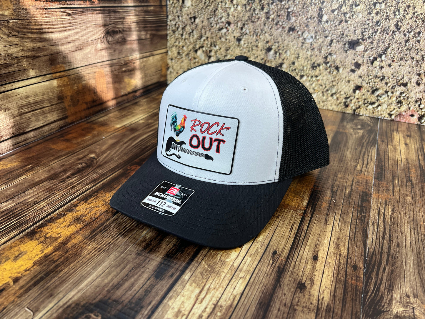 Rock Out UV Printed Custom Patch Hat with Premium Leatherette on a Richardson 112 Trucker Hat