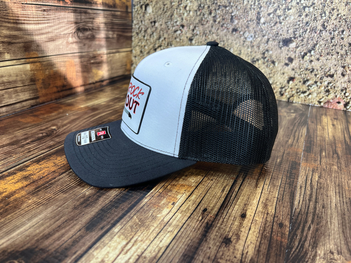 Rock Out UV Printed Custom Patch Hat with Premium Leatherette on a Richardson 112 Trucker Hat