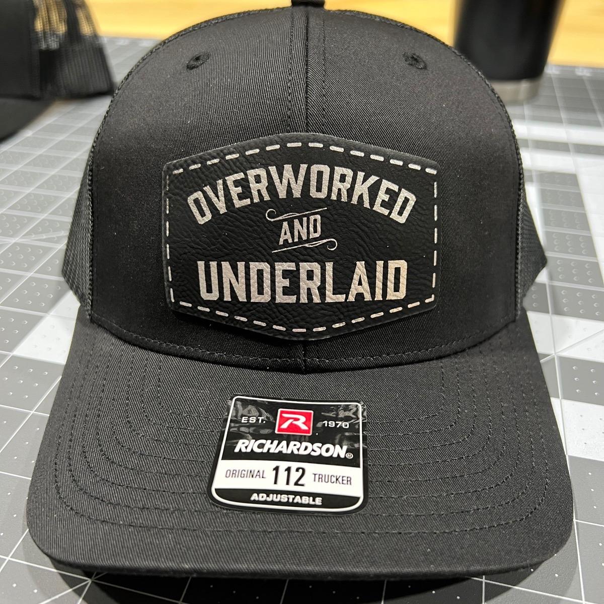 Overworked and Underlaid Patch Hat Richardson 112 Trucker hat with Snap Back