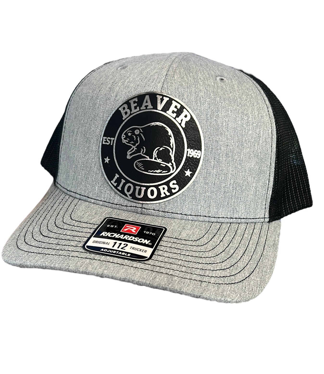 Beaver Liquor Patch Hat with Premium Leatherette Patch on Richardson 112 Trucker Hat