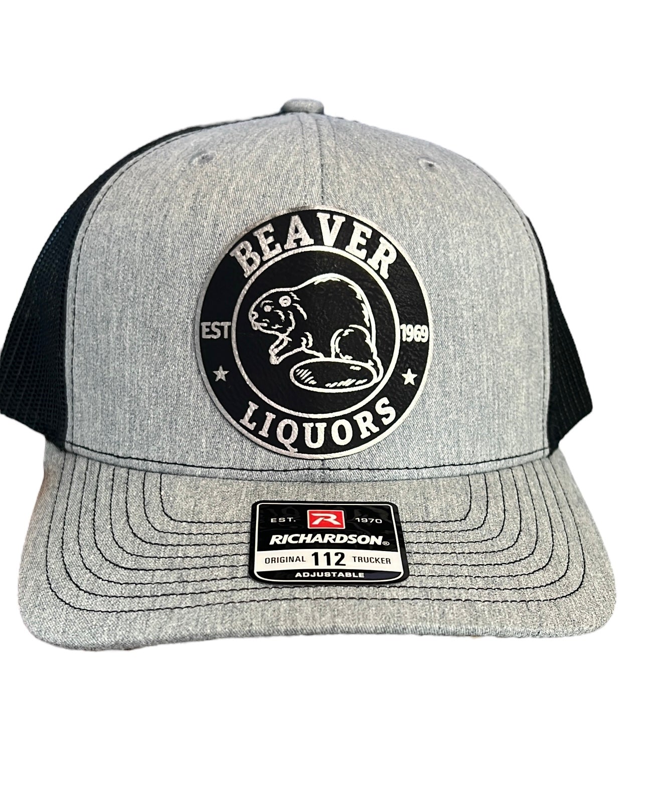 Beaver Liquor Patch Hat with Premium Leatherette Patch on Richardson 112 Trucker Hat