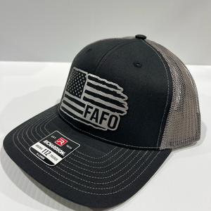 American Flag Hat FAFO Engraved Leatherette Patch on Richardson 112 Trucker Hat