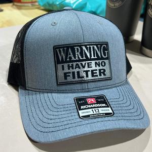 Warning No Filter Hat with Custom Patch on a Richardson 112 Trucker Hat