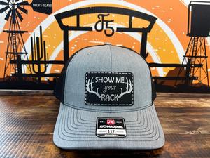 Show Me Your Rack Hat  with Premium Leatherette Patch on a Richardson 112 Trucker Custom Patch Hat